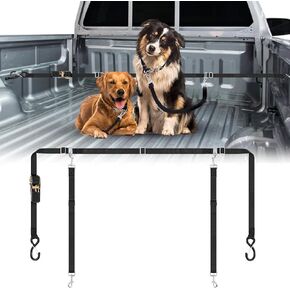 Abbylike Truck Bed Dog Leash System for Two Dogs Ratchet Tightening Adjustable Pet Pickup Tether Tie Down System Car Double Harness Seatbelt Leash for Pickup SUV Cars Trucks
