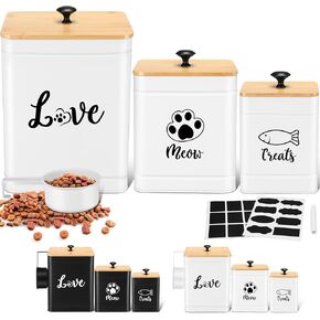 Metal Cat Treat Containers Airtight Set of 3 with Bamboo Lids and Spoon 7+3+2 Lbs Dog Food Storage Container Countertop with DIY Labels Pet Cookie Organizer Jars for Kitchen Counter(White)