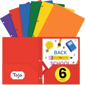 Plastic Folders with Pockets and Prongs (6 Pack, Bright Colors), 2-Pocket Poly Folders with 3 Hole Punch and Business Card Slot, Fits Letter Size Paper, for School, Office, or Home Use