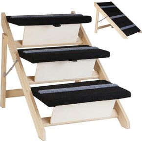 2-in-1 Indoor Pet Ramp, Wooden Folding 3-Tier Pet Stairs with Non-Slip Carpeted Steps, Ramp Perfect for Bed and Couch