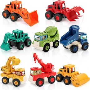 8 Pieces Construction Toy, Small Construction Vehicles, Mini Truck, Excavator, Bulldozer, Mixer, Crane for 3+ Year Old Toddlers, Kids, Sandbox
