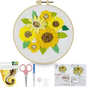 HTVRONT 3D Embroidery Kit for Beginners- Sunflower Embroidery Kits with Step-by-Step Video Tutorials, 3D Art Finished with 5 Stitches, Beginner Embroidery Kit for Adults for Denim Jackets, Home Decor