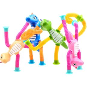 4Pcs Telescopic Suction Cup Dinosaur Toys,Sensory Toys for Kids 3-5 5-7,Toddler Toy,Fidget Toy,Toddler Travel Essential for Airplane,Pop Tubes, Christmas Stocking for Kids Boys Girls B