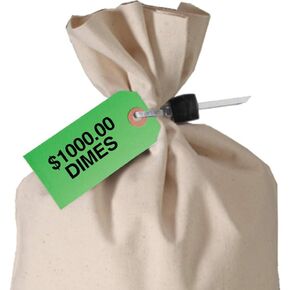 BankSupplies Printed Coin Bag Tags, Green, $1000 Dimes, 1.88" x 3.75", Box of 1000 - Tags for Labeling, Coin Label Tags for Business Organization, Money Denomination Tags, Coin Bag Label