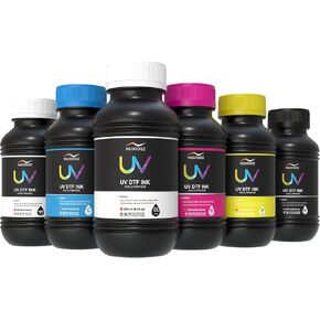 NGOODIEZ UV DTF Ink - 6 Color Set for UV DTF Printers - 250ml Each | Fast Drying, High Adhesion, Glossy Finish, Anti-Clog | UV Ink for Acrylic, Glass, Wood, Metal & More - CMYK + White + Varnish
