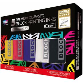 Premium Oil-Based Block Printing Inks, 50ml Tubes, 5-Colour Set
