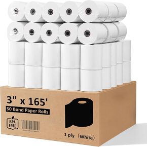 (50 Rolls) 3" x 165' 1 Ply Bond Non-Thermal Receipt Paper, BPA Free Kitchen Printer Paper for SRP275, Compatible with M205, RC540, Star SP700