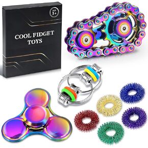 8Pcs Fidget Toys Adults Fidgets Spinner Autism Sensory Pack Spiky Sensory Rings for Anxiety Metal Bike Chain Roller Cool Gadgets for Teen Boys ADHD Silent Stress Relief Office Desk Toy Adults Gift