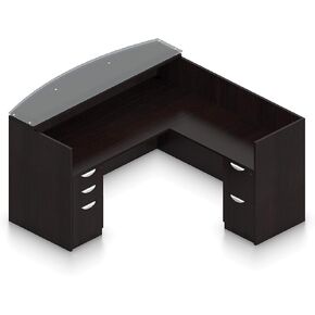 Offices To Go L Shaped Reception Desk with Glass Transaction Counter and 2 Sets of DrawersW/Drawers in (American Espresso)
