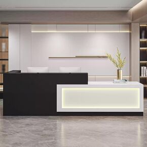 Reception Desk with Counter, Modern Salon Front Reception Desk with LED Light & Lockable Drawer, Retail Checkout Sturdy & Well Built for Lobbies, Office, SOHO, Shop (White Black - Right, L 63in)