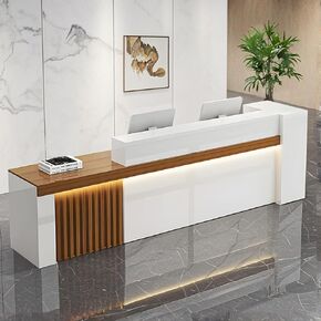 Modern Reception Desk Counter Table, Front Desk with Lockable Drawer & Open Shelves, Reception Table with Private Panels for Office (Wood Grain + White/Leftt,79" L*24" W*39" H)