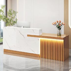 Modern Reception Desk with Counter and Drawer Office Front Desk with Cabinet Wooden Commercial Reception Table Checkout Counter for Retail Salon Lobby White and Brown Right 79inch/200cm