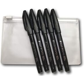 Fude Touch Sign Pen SES15C-A Black Ink 5 pens with Frosted Surface Plastic Pen Storage Pouch