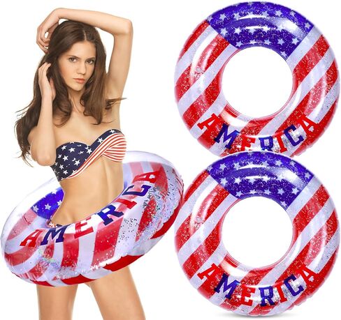 2 Pcs Inflatable Pool USA Float Toys 35Inch Patriotic Red White and Blue Swim Rings with Sparkle Silver Stars Confetti Beach Swimming Float USA Flag Rings Loungers Tube Independence Day Summer Party in Saudi Arabia
