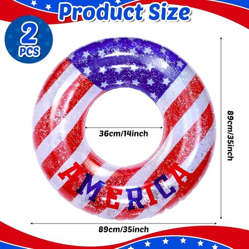 2 Pcs Inflatable Pool USA Float Toys 35Inch Patriotic Red White and Blue Swim Rings with Sparkle Silver Stars Confetti Beach Swimming Float USA Flag Rings Loungers Tube Independence Day Summer Party in Saudi Arabia