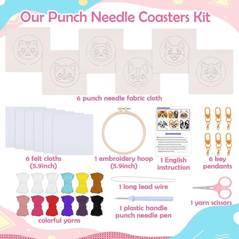 Louise Maelys 6PCS Punch Needle Kits for Beginners and Adults,Embroidery Kit Tool Threader Fabric Hoop Yarn Rug Tufting Coaster Art and Crafts（Cats and Dogs Pattern Ornament） in Saudi Arabia