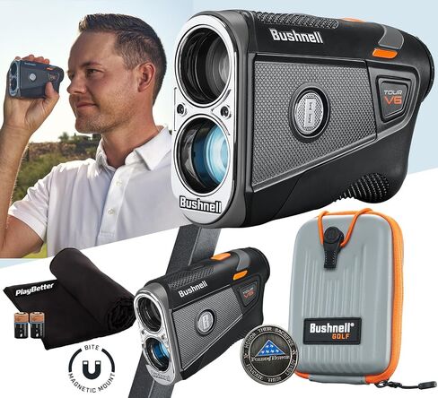 Bushnell Tour V6 Golf Rangefinder - PinSeeker with Visual JOLT, BITE Mount, & IPX6 Rating - Bundle with Bushnell Golf Carrying Case, PlayBetter Microfiber Towel, 2 CR2 Batteries, & More in Saudi Arabia