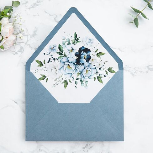 PONATIA 50PCS A7 Euro Flap Envelopes, 5.25 x 7.25'' Dusty Blue Flowers Liner Envelopes for Wedding Invitations, Photos, Postcards, Greeting Cards, Christmas Gift Cards, Acrylic Mailing, 5x7 envelopes in Saudi Arabia