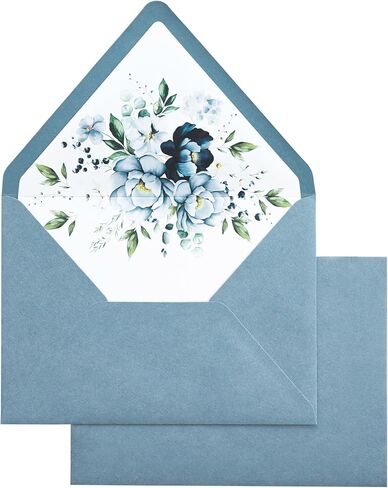 PONATIA 50PCS A7 Euro Flap Envelopes, 5.25 x 7.25'' Dusty Blue Flowers Liner Envelopes for Wedding Invitations, Photos, Postcards, Greeting Cards, Christmas Gift Cards, Acrylic Mailing, 5x7 envelopes in Saudi Arabia