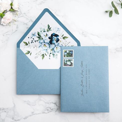 PONATIA 50PCS A7 Euro Flap Envelopes, 5.25 x 7.25'' Dusty Blue Flowers Liner Envelopes for Wedding Invitations, Photos, Postcards, Greeting Cards, Christmas Gift Cards, Acrylic Mailing, 5x7 envelopes in Saudi Arabia