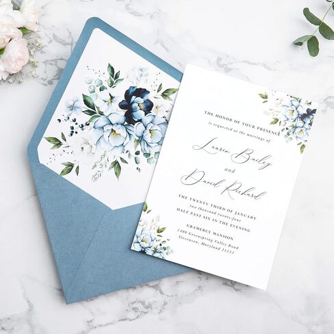 PONATIA 50PCS A7 Euro Flap Envelopes, 5.25 x 7.25'' Dusty Blue Flowers Liner Envelopes for Wedding Invitations, Photos, Postcards, Greeting Cards, Christmas Gift Cards, Acrylic Mailing, 5x7 envelopes in Saudi Arabia