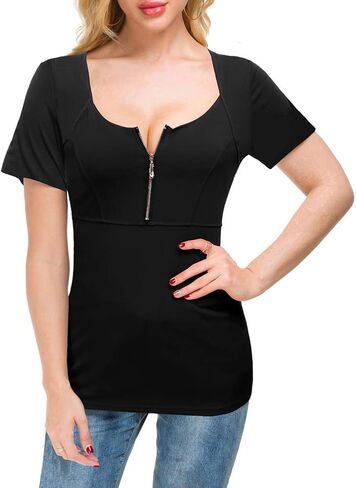 Afibi Womens Fitted Zip Up Deep V Neck Short Sleeve Empire Waist Tops Casual T Shirts Blouse in Kuwait