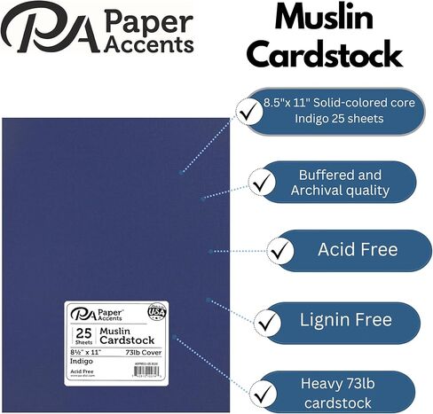 PA Paper Accents Textured Cardstock 8.5" x 11" Indigo, 73lb Colored cardstock Paper for Card Making, Scrapbooking, Printing, Quilling and Crafts, 25 Piece Pack in Kuwait