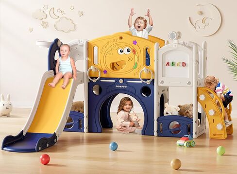 9 in 1 Toddler Slide, Toddler Playset New Upgrade with Slide, Drawing Board, Basketball Hoop, Telescope and Storage Space, Outdoor Indoor Playground for Toddlers (Yellow Blue) in Saudi Arabia