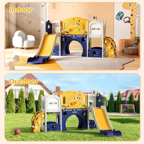 9 in 1 Toddler Slide, Toddler Playset New Upgrade with Slide, Drawing Board, Basketball Hoop, Telescope and Storage Space, Outdoor Indoor Playground for Toddlers (Yellow Blue) in Saudi Arabia
