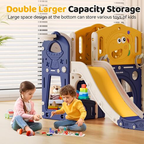 9 in 1 Toddler Slide, Toddler Playset New Upgrade with Slide, Drawing Board, Basketball Hoop, Telescope and Storage Space, Outdoor Indoor Playground for Toddlers (Yellow Blue) in Saudi Arabia