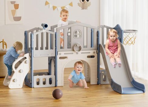 XJD 9 in 1 Slide Slide Set ، ينزلق الأطفال للأطفال الصغار الذين تتراوح أعمارهم بين 1+ ، ومسلسلات شريحة متسلق الأطفال مع طوق كرة السلة والكرة ، وملعب داخلي في الهواء الطلق للأطفال الصغار 1-3 (الأزرق) in Kuwait