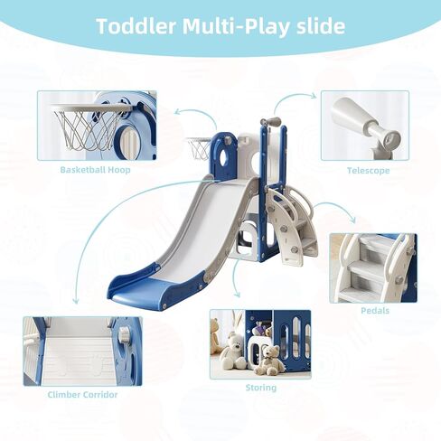 Toddler Slide Kids Climber Slides Baby Slider for Toddler Age 1-3,L Shaped Indoor Outdoor Playground Playset with Basketball Hoop, Storage, Telescope Toy Easy Assembly Gift for Boys and Girls in Kuwait