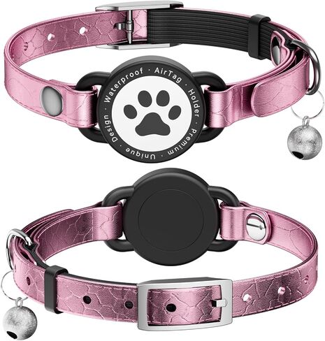 Leather Airtag Cat Collar - Waterproof Cat Collar AirTag Holder with Metal Buckle | Comfortable, Glossy Cats Tracker Collars with Bell for Girl Boy Cats, Kittens, and Puppies (Rose Gold) in Kuwait