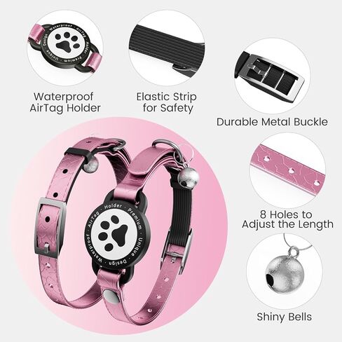 Leather Airtag Cat Collar - Waterproof Cat Collar AirTag Holder with Metal Buckle | Comfortable, Glossy Cats Tracker Collars with Bell for Girl Boy Cats, Kittens, and Puppies (Rose Gold) in Kuwait