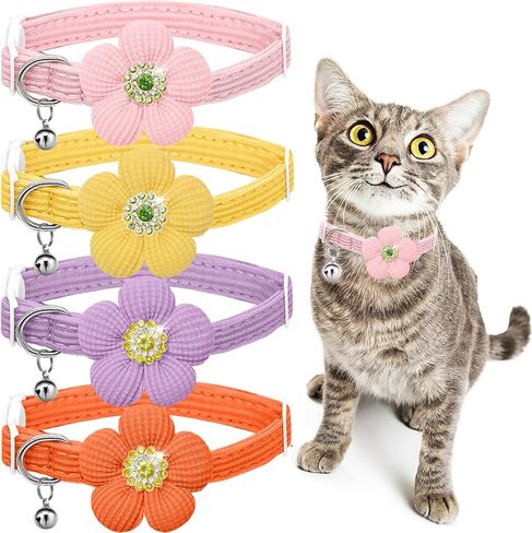 Cat Collar, HANSHILAI Kitten Collar with Bells, Cute Cat Collar Breakaway for Girl Boy with Flower,Collar para Gatos (Rhinestones Yellow & Pink & Orange & Purple) in Kuwait