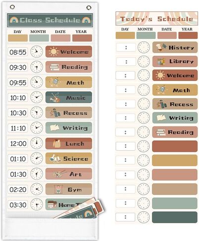 Daily Schedule Pocket Chart for Kids Management, 13+1 Pockets with 30 Cards Visual Time Reusable Dry-Eraser Schedule, Teacher Supplies for Boho Classroom Homeschool Decor in Kuwait