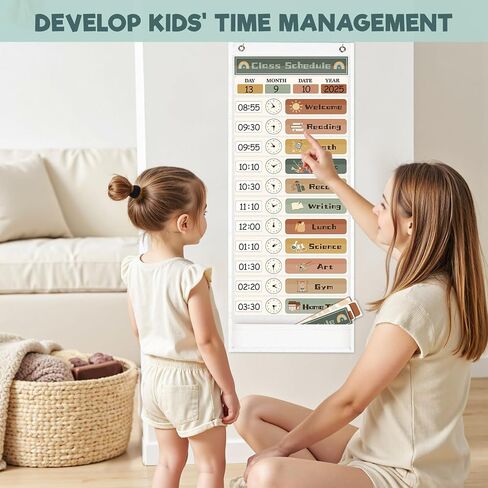 Daily Schedule Pocket Chart for Kids Management, 13+1 Pockets with 30 Cards Visual Time Reusable Dry-Eraser Schedule, Teacher Supplies for Boho Classroom Homeschool Decor in Kuwait
