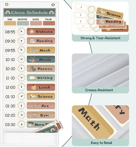Daily Schedule Pocket Chart for Kids Management, 13+1 Pockets with 30 Cards Visual Time Reusable Dry-Eraser Schedule, Teacher Supplies for Boho Classroom Homeschool Decor in Kuwait