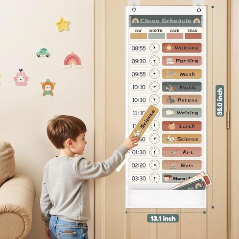 Daily Schedule Pocket Chart for Kids Management, 13+1 Pockets with 30 Cards Visual Time Reusable Dry-Eraser Schedule, Teacher Supplies for Boho Classroom Homeschool Decor in Kuwait