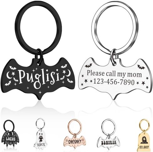 Bat Dog Tag, Halloween Personalized Dog Tags for Pets, Customized Pet ID Tag for Black Cat, Witch Friendly Cat Tags, Funny Spooky Dog Name Tag, Stainless Steel Dog ID Tag Engraved on Both Sides in Saudi Arabia