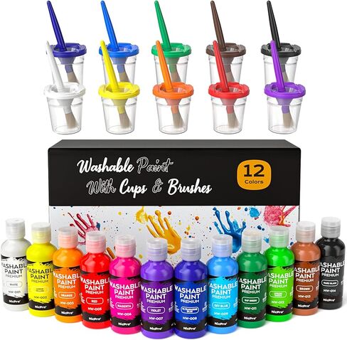 Nicpro Washable Paint for Kids with Painting Brushes and Cups, 12 Vibrant Colors(2 oz), Safe Non Toxic Tempera Finger Paint for Toddlers, Preschool Learning, Home School Children Art Painting Supplies in Kuwait