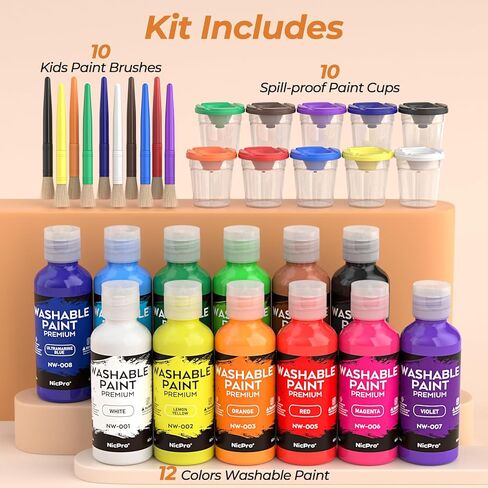 Nicpro Washable Paint for Kids with Painting Brushes and Cups, 12 Vibrant Colors(2 oz), Safe Non Toxic Tempera Finger Paint for Toddlers, Preschool Learning, Home School Children Art Painting Supplies in Kuwait