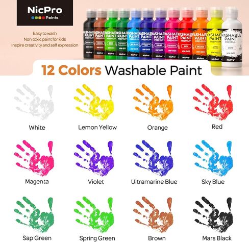 Nicpro Washable Paint for Kids with Painting Brushes and Cups, 12 Vibrant Colors(2 oz), Safe Non Toxic Tempera Finger Paint for Toddlers, Preschool Learning, Home School Children Art Painting Supplies in Kuwait