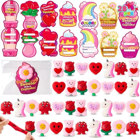 JOYIN 28 Packs Valentine’s Day Gift Cards with Candy Mochi Squishy Toys, Stress Relief Fidget Toys, Cute Squeeze Toys for Kids Valentine's Party Favors, Classroom Gift Exchange and School Reward in Saudi Arabia