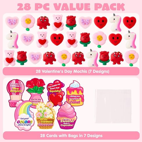 JOYIN 28 Packs Valentine’s Day Gift Cards with Candy Mochi Squishy Toys, Stress Relief Fidget Toys, Cute Squeeze Toys for Kids Valentine's Party Favors, Classroom Gift Exchange and School Reward in Saudi Arabia