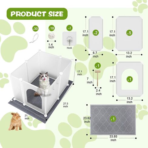 Large Cat Litter Box Cover Enclosure with Waterproof Splash Guard, Litter Mat(L33×W23), Row-Hook, DIY Shield, Safe Material, Easy Install & Clean, Privacy Screen for Most Litter Boxes, L27×W21×H17 in in Saudi Arabia