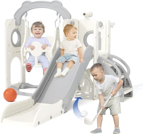 Korimefa 8 in 1 شريحة صغيرة من الأطفال وتأرجح لطفل صغير من 1 إلى 3 سنوات ، تلعب Toddles Playet Playground Iddoor و Outdoor Swing Slide Playset W/كرة السلة Hoop & Golf Get ، Gray in Kuwait