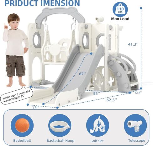 Korimefa 8 in 1 شريحة صغيرة من الأطفال وتأرجح لطفل صغير من 1 إلى 3 سنوات ، تلعب Toddles Playet Playground Iddoor و Outdoor Swing Slide Playset W/كرة السلة Hoop & Golf Get ، Gray in Kuwait