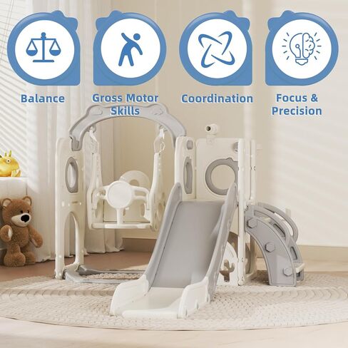 Korimefa 8 in 1 شريحة صغيرة من الأطفال وتأرجح لطفل صغير من 1 إلى 3 سنوات ، تلعب Toddles Playet Playground Iddoor و Outdoor Swing Slide Playset W/كرة السلة Hoop & Golf Get ، Gray in Kuwait