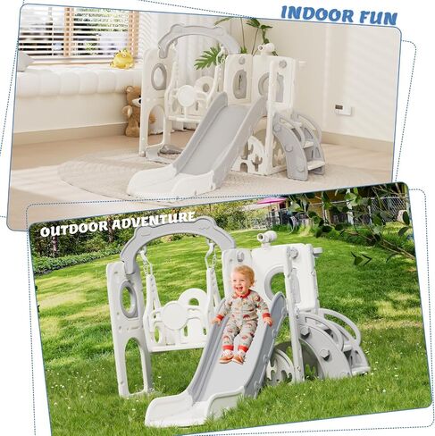 Korimefa 8 in 1 شريحة صغيرة من الأطفال وتأرجح لطفل صغير من 1 إلى 3 سنوات ، تلعب Toddles Playet Playground Iddoor و Outdoor Swing Slide Playset W/كرة السلة Hoop & Golf Get ، Gray in Kuwait